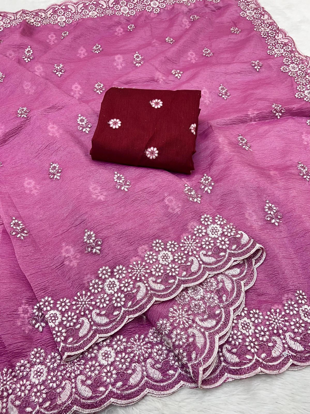 SOFT LIGHT WEIGHT CANDY CRUSH FABRIC WITH MULTI CODING EMBROIDERY WORK IN SAREE