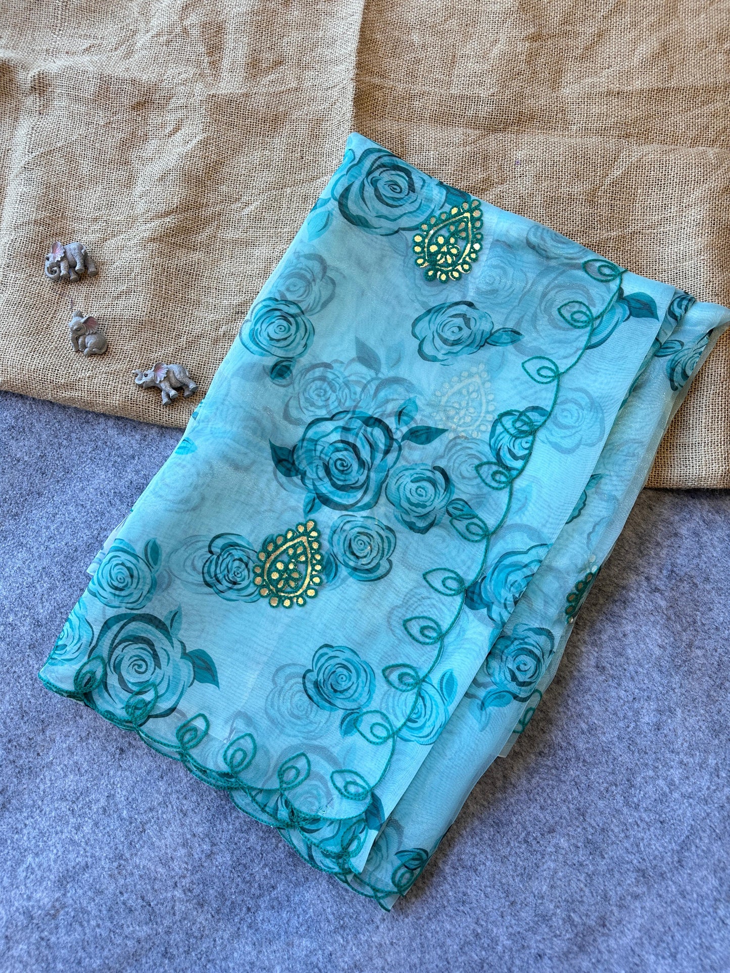 Handprinted Organza Saree with Heavy Gota Work | Premium Quality