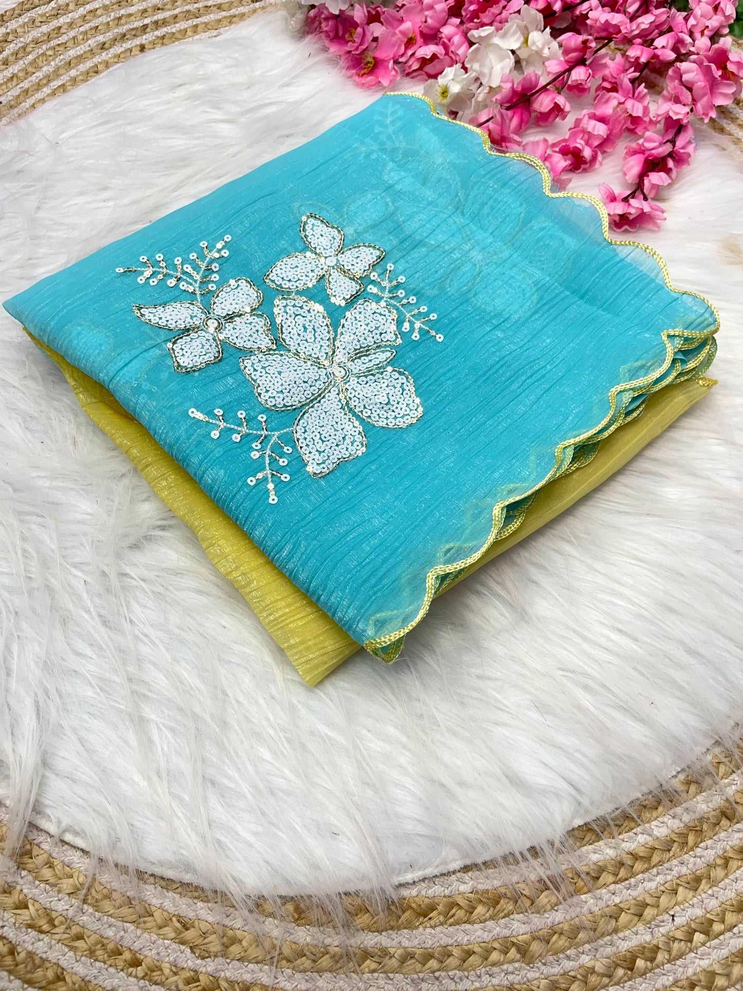 Soft Crunchy Pending Saree with Thread & Sequence Embroidery | Premium Bollywood Designer Saree